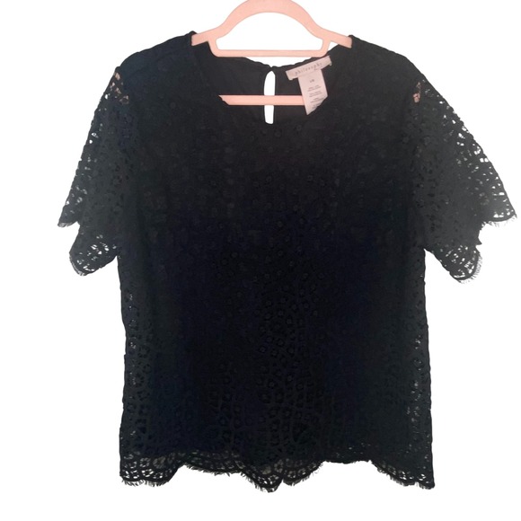 Philosophy Tops - Philosophy Lace Top Women Sz L Black Short Sleeve Lined Scalloped Hem Fairy Goth
